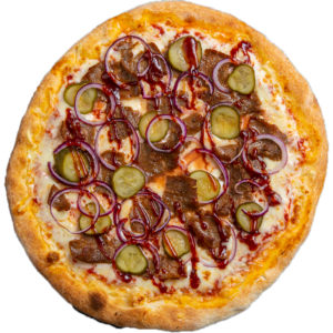CON CARNE pizza — Tomatikaste, mozzarella, kebab, sibul, BBQ kaste, marineeritud kurk
