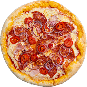 DIAVOLA pizza — Tomatikaste, mozzarella, terav salaami, peekon, sibul, jalapeno, tšilli